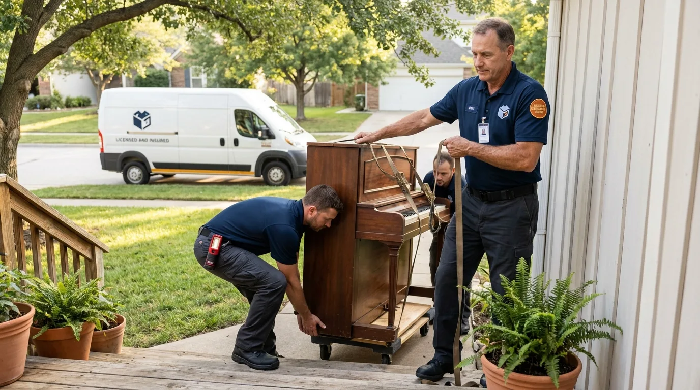 Licensed piano movers securing grand piano in Smithfield, NC