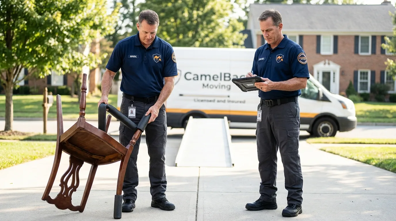 Movers inspecting furniture for damage prevention before loading in Smithfield, NC